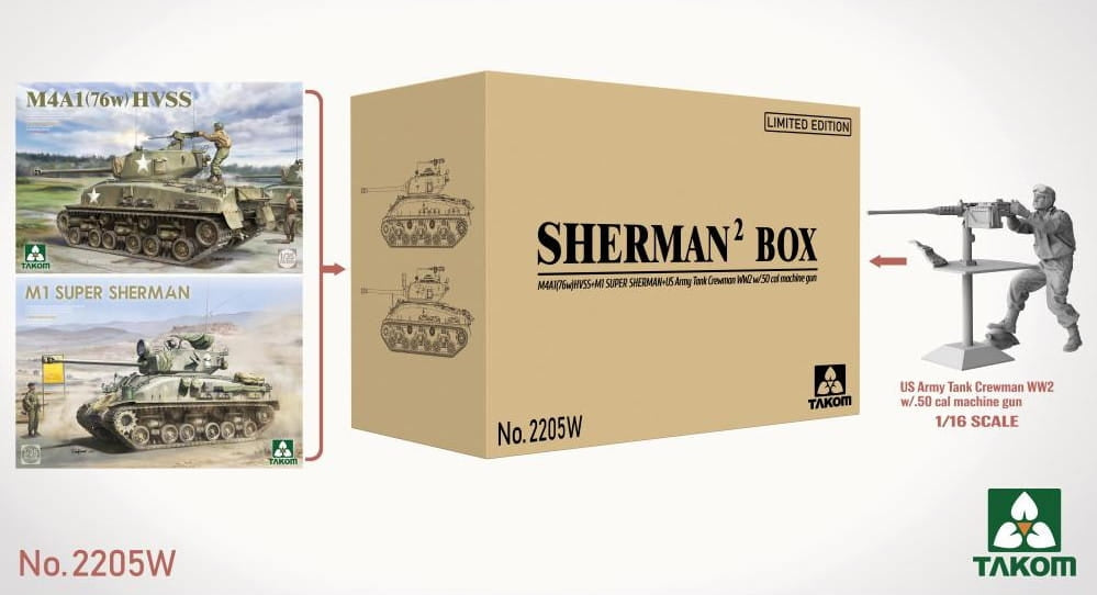 Takom 2205W M4A1 (76w) HVSS + M1 Super Sherman + Coffret de figurines de char Sherman de l'armée américaine, édition limitée 1/35 