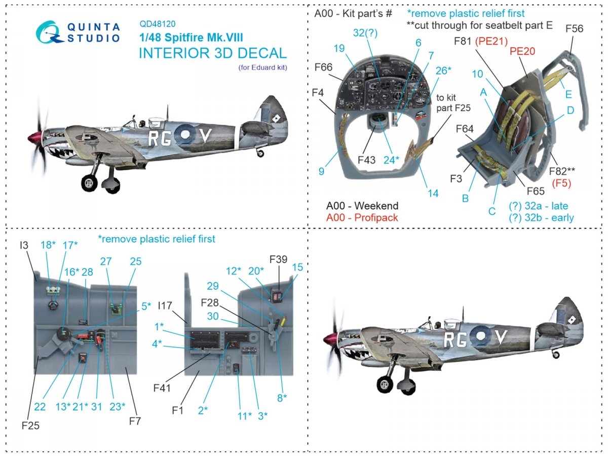 Intérieur imprimé en 3D et coloré sur papier décalcomanie Quinta Studio QD48120 Spitfire Mk.VIII (Eduard) 1/48 – image 12