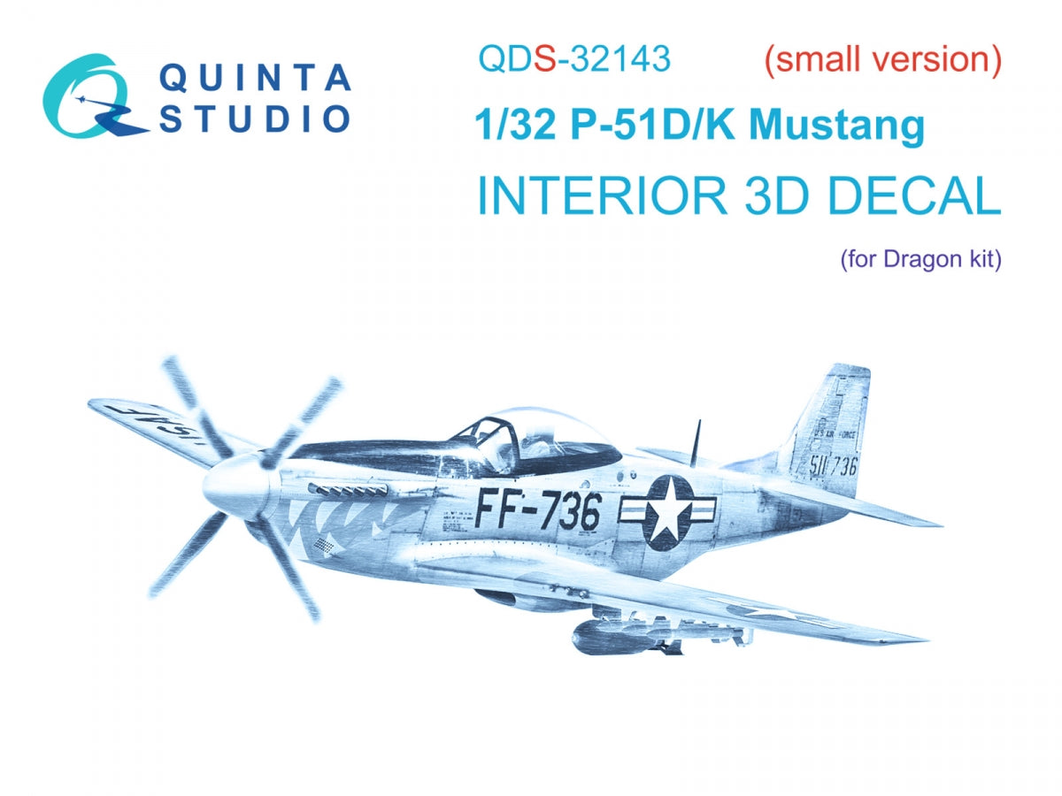 Intérieur coloré imprimé en 3D sur papier décalcomanie (Dragon) pour le P-51D/K Mustang de Quinta Studio QDS-32143 (petite version) à l&amp;#39;échelle 1/32