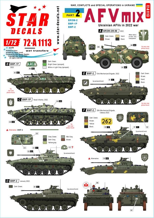 Star Decals 72-A1113 Guerre en Ukraine n° 2 Véhicules blindés ukrainiens (guerre de 2022) : BRDM-2, BMP-1P et BMP-2 (échelle 1/72)