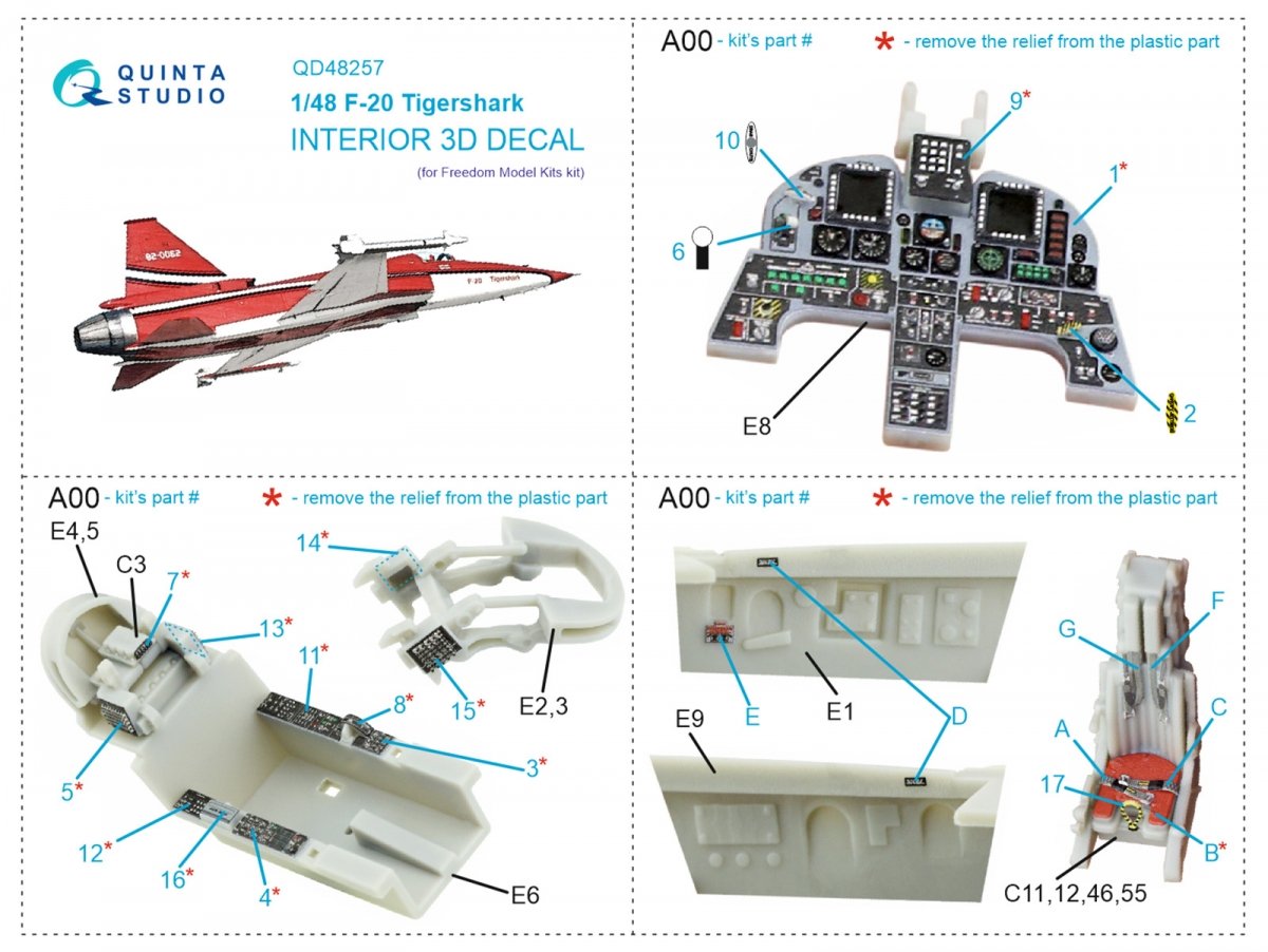 Intérieur imprimé en 3D et coloré sur papier décalcomanie Quinta Studio QD48257 F-20 Tigershark (Freedom Model) 1/48 – image 2