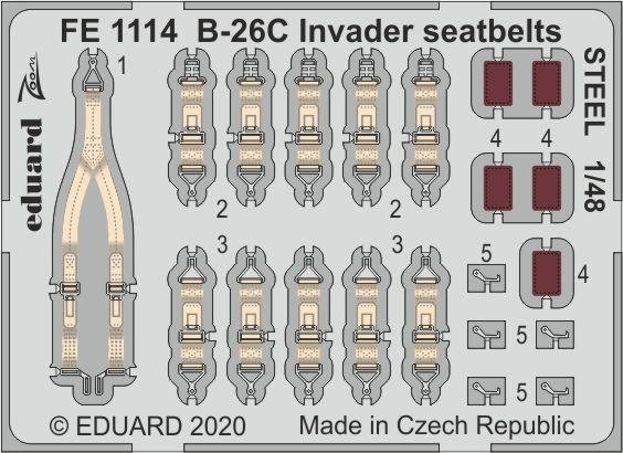 Ceintures de sécurité Eduard FE1114 B-26C Invader en acier, échelle 1/48 ICM