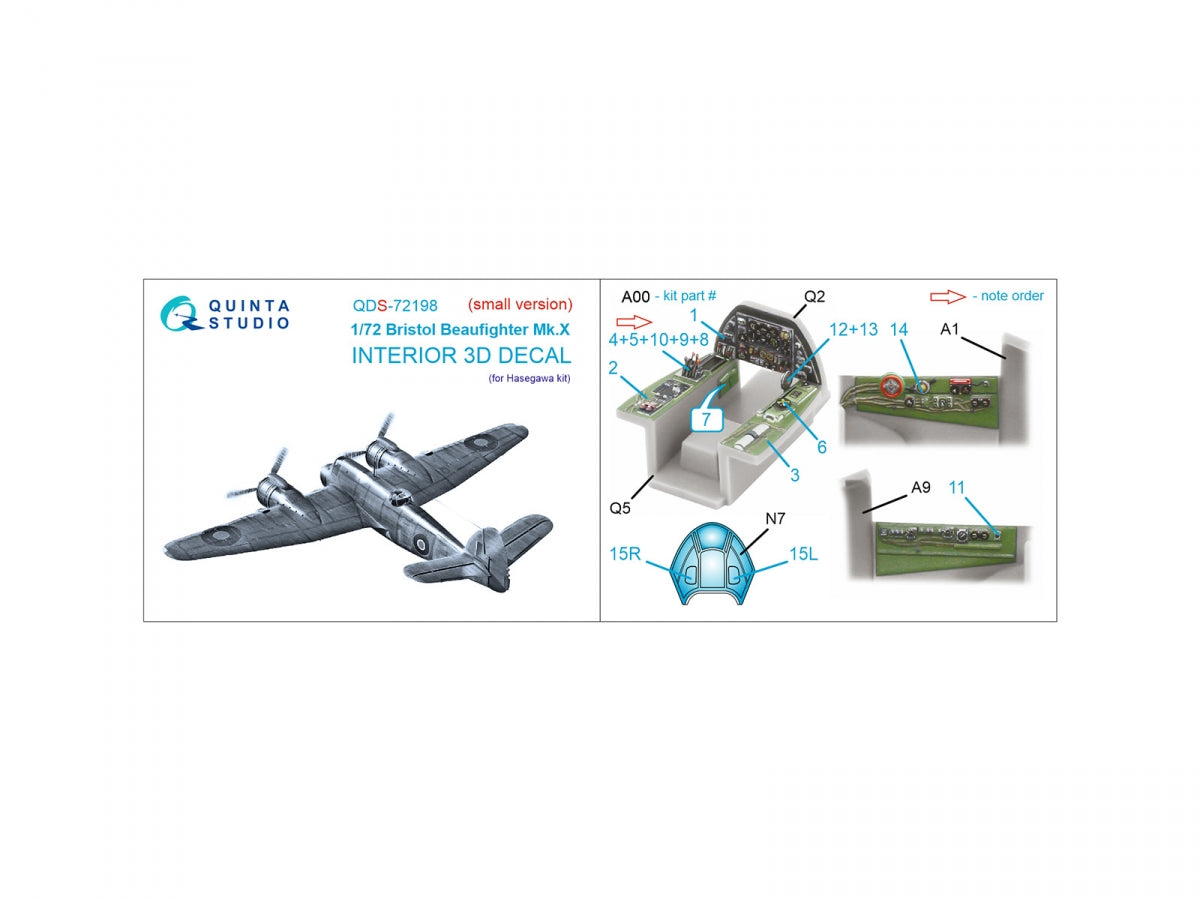 Intérieur imprimé en 3D et coloré sur papier décalcomanie (Hasegawa) (petite version) Quinta Studio QDS-72198 Bristol Beaufighter Mk.X, échelle 1/72 – Bild 2