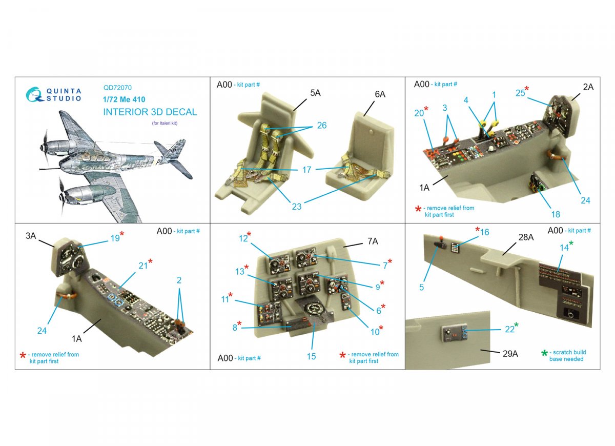 Intérieur imprimé en 3D et coloré sur papier décalcomanie Quinta Studio QD72070 Me 410 (Italeri) à l&amp;#39;échelle 1/72 – Bild 2