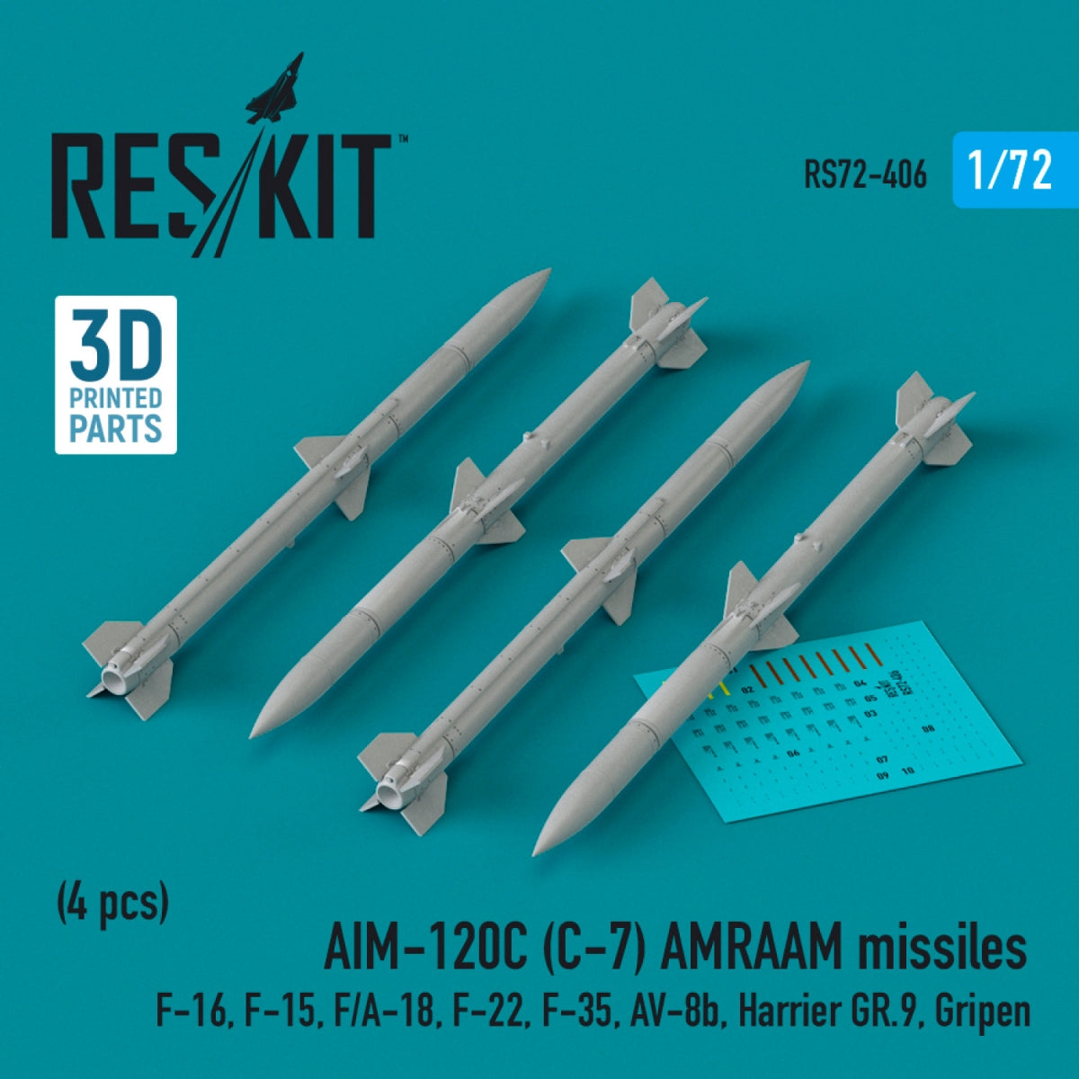 RESKIT RS72-0406 Missiles AIM-120C (C-7) AMRAAM (4 pièces) (Impression 3D) 1/72 