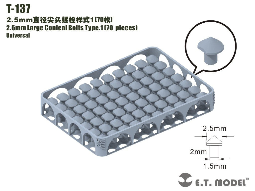 Boulons coniques de grande taille ET modèle T-137, 2,5 mm, type 1, 70 pièces