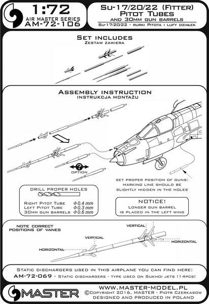 Master AM-72-106 Sukhoi Su-17, Sukhoi Su-20, Sukhoi Su-22 (Monteur) - Tubes pilotes et canons de 30 mm 1/72  – immagine 4