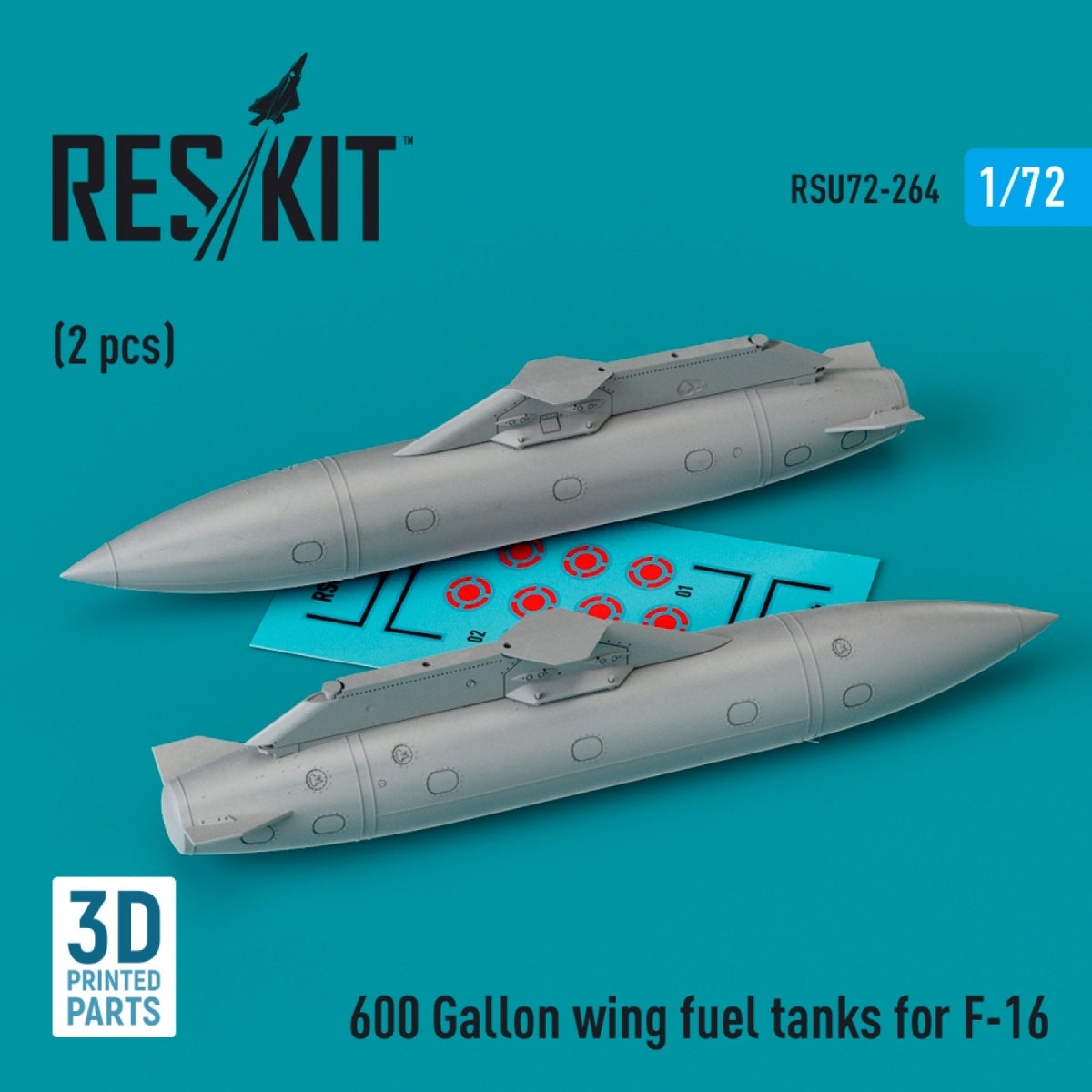 Réservoirs de carburant d&amp;#39;aile RESKIT RSU72-0264 de 600 gallons pour F-16 (2 pièces) (Impression 3D) 1/72