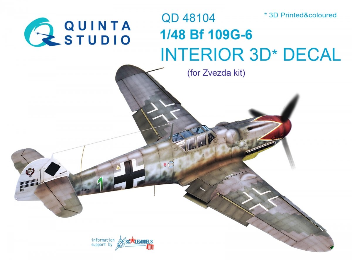 Intérieur imprimé en 3D et coloré sur papier décalcomanie Quinta Studio QD48104 Bf 109G-6 (pour kit Zvezda) 1/48