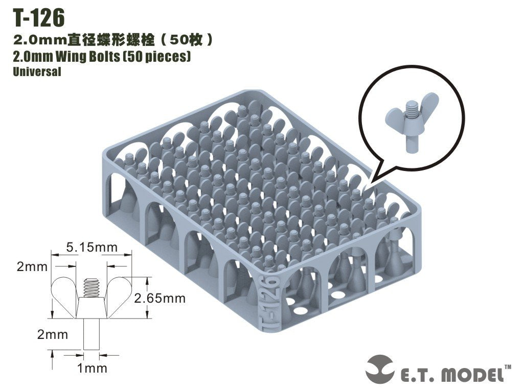 Boulons à oreilles ET modèle T-126 2,0 mm, 50 pièces