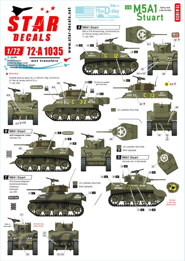 Star Decals 72-A1035 US M5A1 Stuart. Échelle 1/72