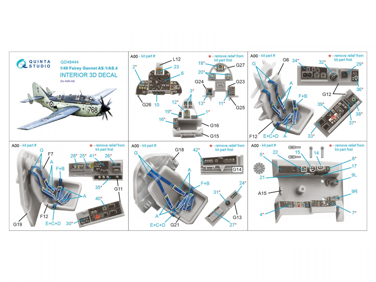 Quinta Studio QD48444 Fairey Gannet AS.1_AS.4 Intérieur coloré imprimé en 3D sur papier décalcomanie (Airfix) 1/48  – Bild 2