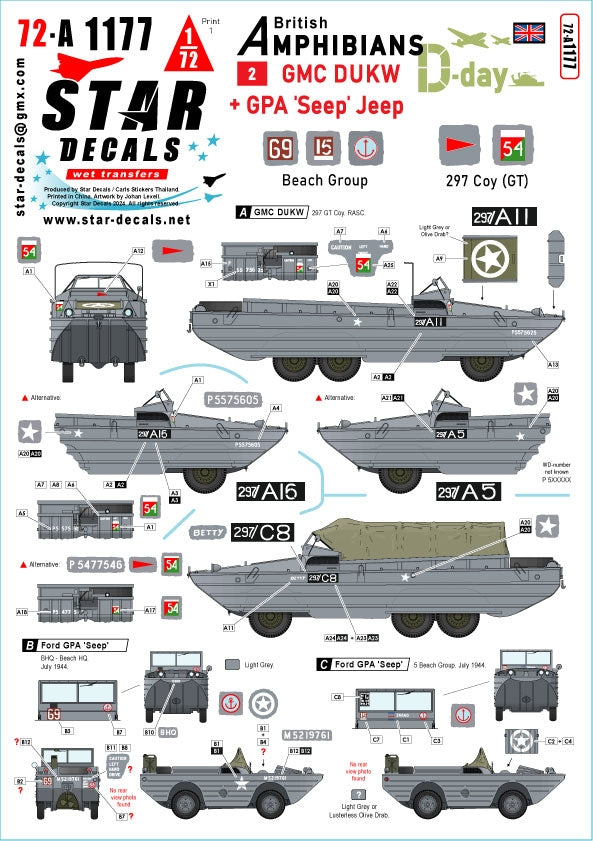 Star Decals 72-A1177 D-Day DUKW + SEEP. British Amphibians #2. 297 Coy (GT) RASC and Beach Group. 1/72