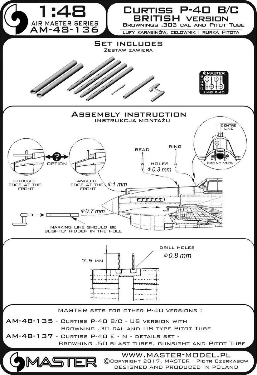 Master AM-48-136 Curtiss P-40 B/C Tomahawk II - Version britannique - Canons de fusil Browning de calibre .30 et tubes Pitot de version britannique (1/48) – Bild 4