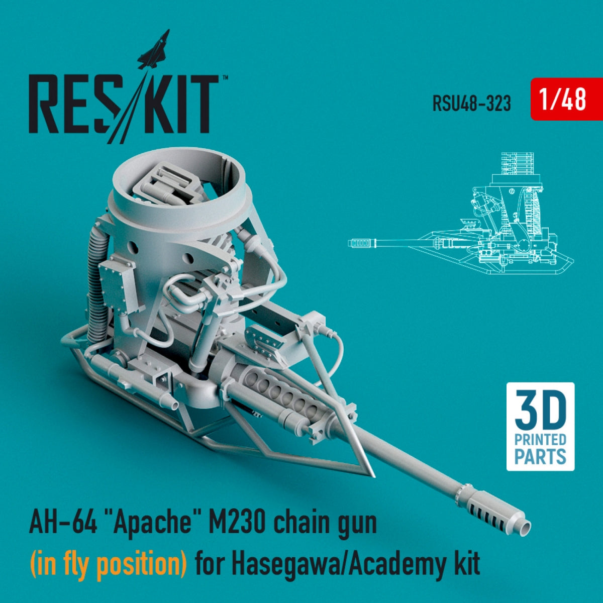 RESKIT RSU48-0323 AH-64 « APACHE » M230 MAGNÉTIQUE TRONÇONNEUSE (EN POSITION DE VOL) ​​POUR MAQUETTE HASEGAWA/ACADEMY (IMPRIMÉE EN 3D) 1/48 