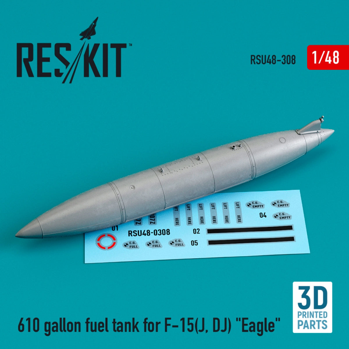 Réservoir de carburant RESKIT RSU48-0308 de 610 gallons pour F-15 (J, DJ) « EAGLE » (imprimé en 3D) à l&amp;#39;échelle 1/48