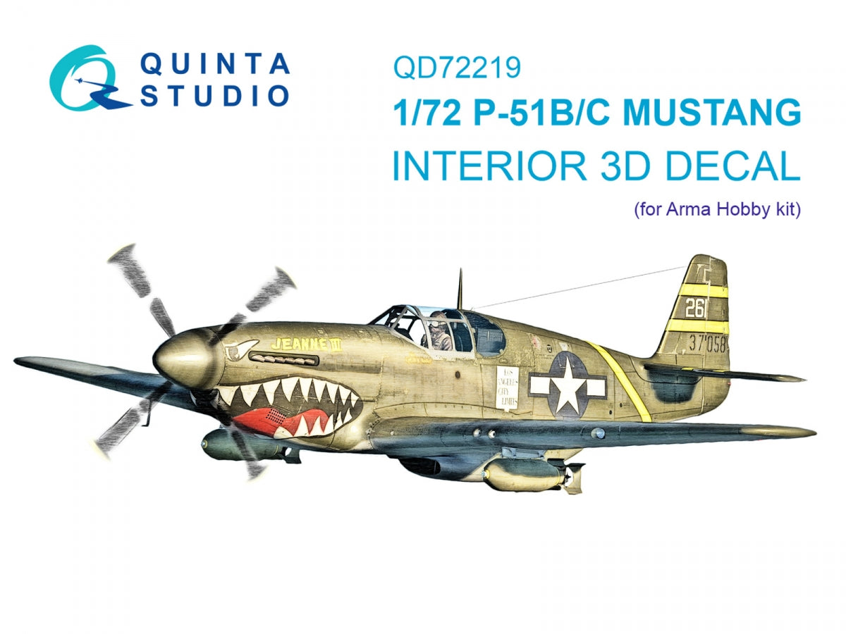 Intérieur imprimé en 3D et coloré sur papier décalcomanie pour P-51B/P-51C Mustang (Arma Hobby) - Quinta Studio QD72219, échelle 1/72