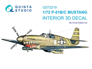 Intérieur imprimé en 3D et coloré sur papier décalcomanie pour P-51B/P-51C Mustang (Arma Hobby) - Quinta Studio QD72219, échelle 1/72