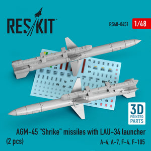 RESKIT RS48-0451 MISSILES AGM-45 « SHRIKE » AVEC LANCEUR LAU-34 (2 PIÈCES) (IMPRIMÉ EN 3D) 1/48
