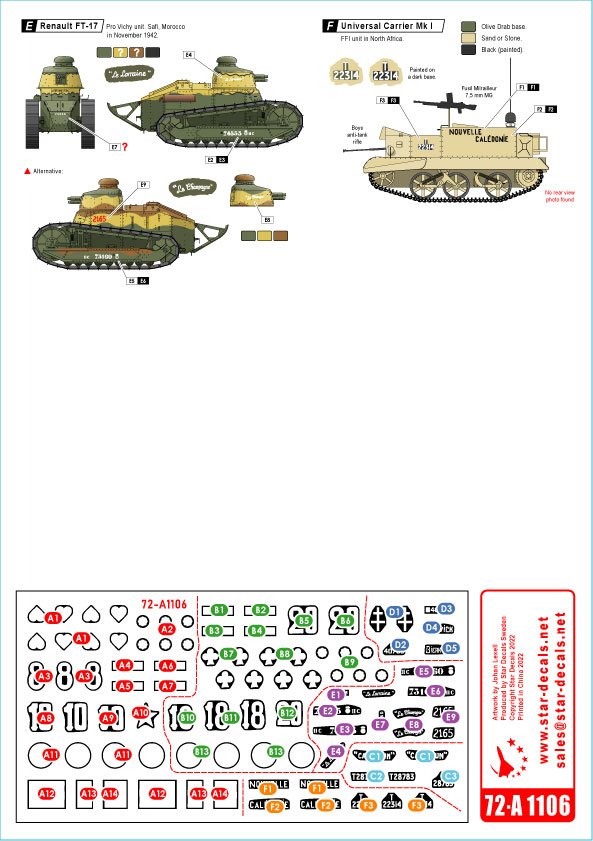 Star Decals 72-A1106 Véhicules de combat français en Afrique n° 1 La France de Vichy et les FFL - Forces Françaises Libres 1/72 – imagen 2