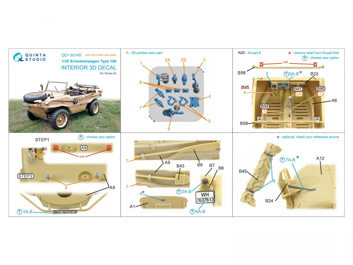 Quinta Studio QD+35145 Schwimmwagen Type 166 Intérieur imprimé en 3D et coloré sur papier décalcomanie (Tamiya) (avec pièces en résine imprimées en 3D) 1/35 – image 14