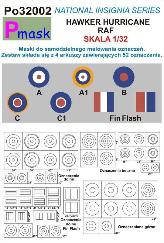 P-Mask PO32002 MASKI DO MALOWANIA OZNACZEŃ HAWKER HURRICANE RAF 1/32