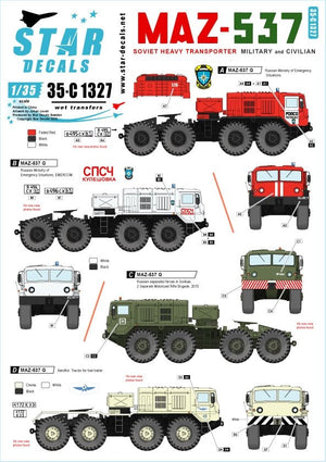 Star Decals 35-C1327 MAZ-537. Transporteur lourd soviétique 8x8 MAZ-537 et MAZ-537 G. Utilisateurs militaires et civils (Ministère russe de la Sécurité et Aeroflot). Échelle 1/35.