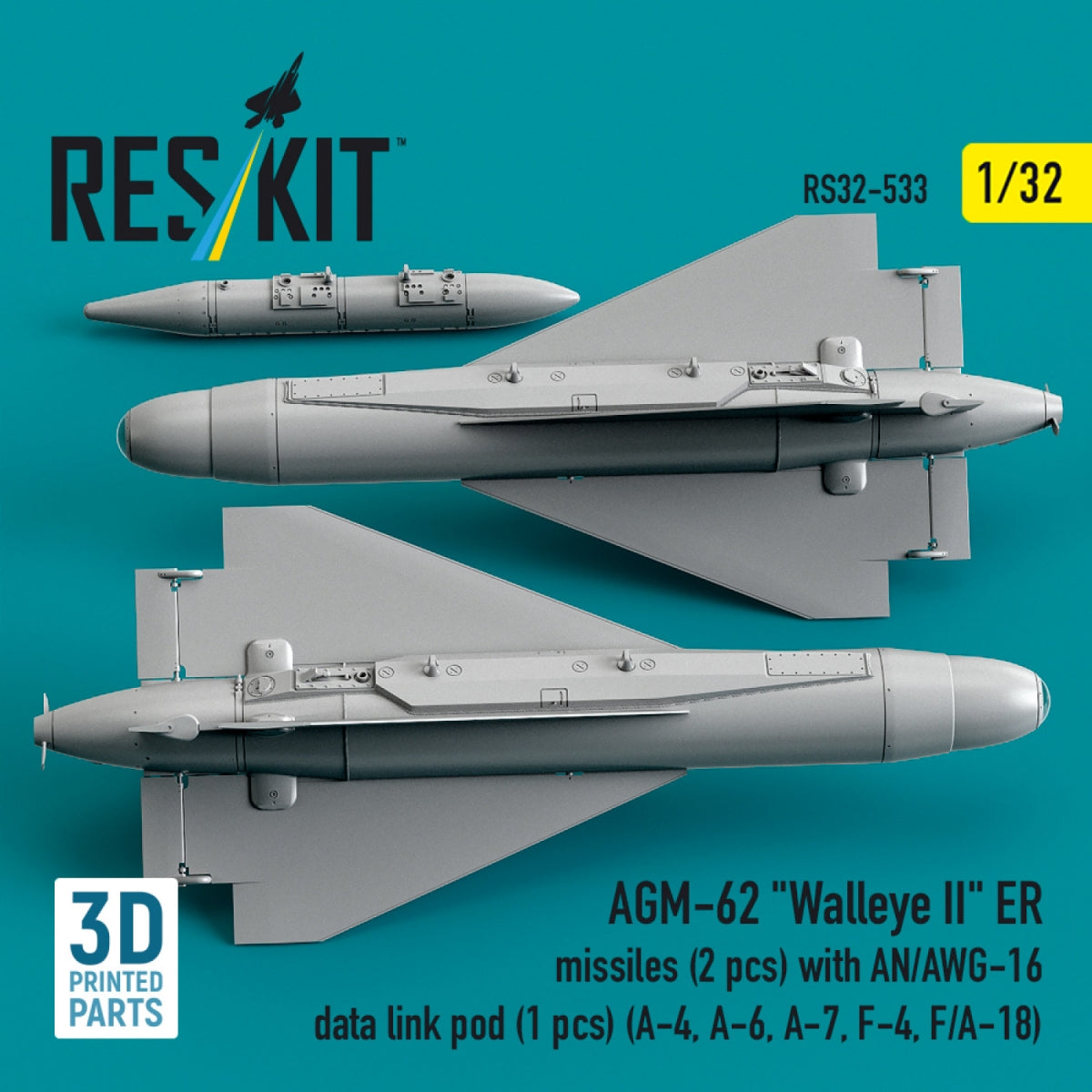 RESKIT RS32-0533 AGM-62 "Walleye II" ER missiles (2 pcs) with AN/AWG-16 data link pod (1 pcs) (A-4, A-6, A-7, F-4, F/A-18) (3D Printed) 1/32