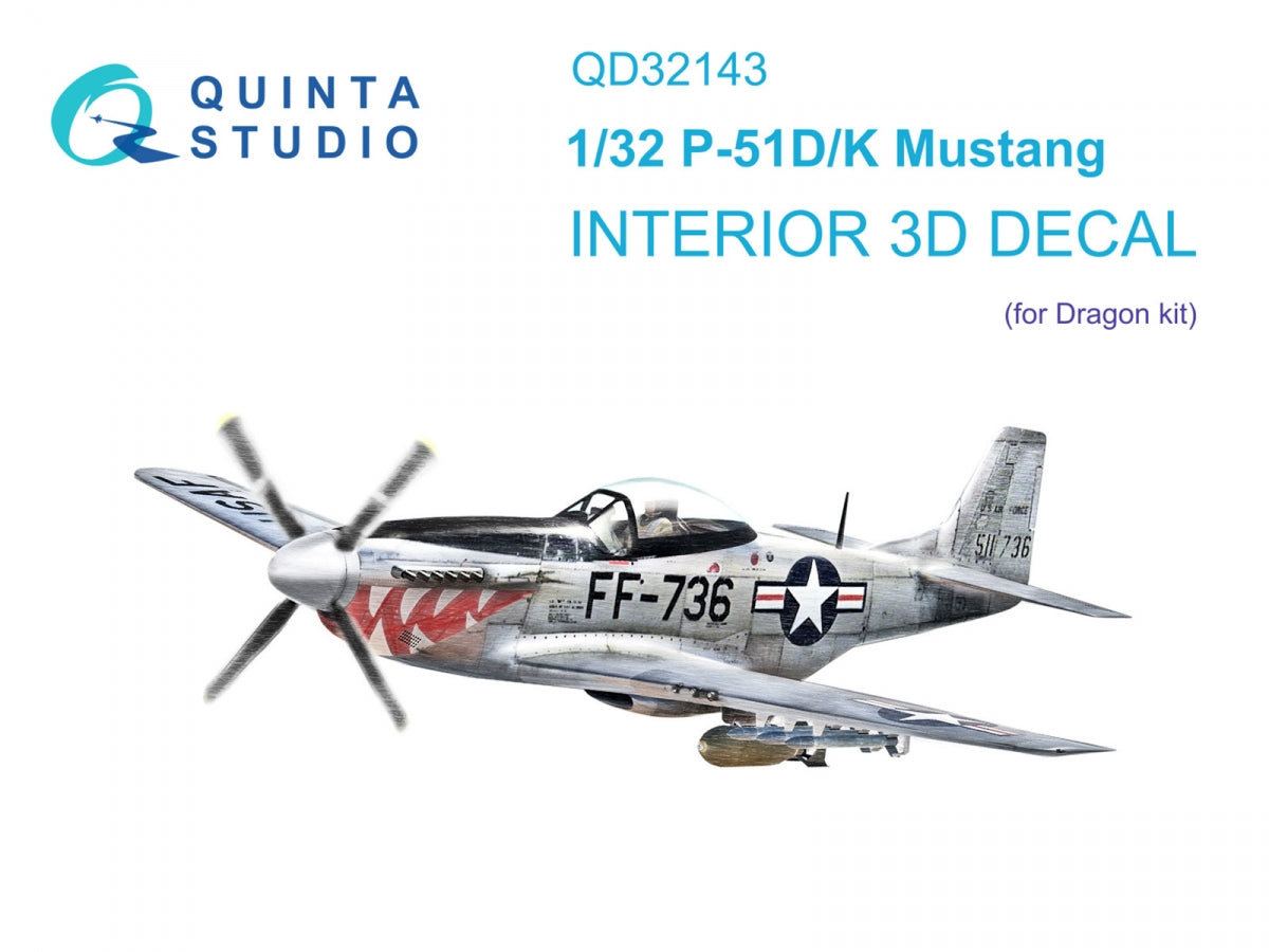 Intérieur imprimé en 3D et coloré sur papier décalcomanie (Dragon) pour le P-51D/K Mustang de Quinta Studio QD32143, à l&amp;#39;échelle 1/32.