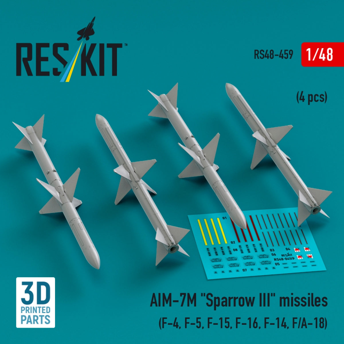 Missiles RESKIT RS48-0459 AIM-7M « Sparrow III » (4 pièces) (Impression 3D) 1/48