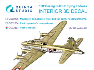 Maquette Quinta Studio QD32233 : cockpit de pilote pour Boeing B-17E/F. Intérieur coloré imprimé en 3D sur papier décalcomanie (HK models) à l&amp;#39;échelle 1/32.