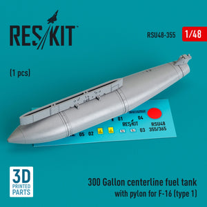 Réservoir de carburant central RESKIT RSU48-0355 de 300 gallons avec pylône pour F-16 (type 1) (1 pièce) (Impression 3D) 1/48