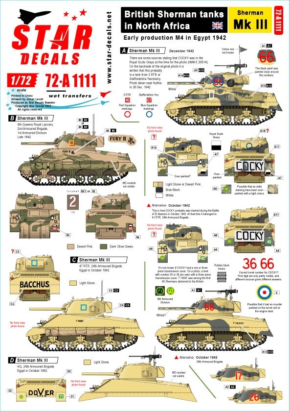 Star Decals 72-A1111 Chars Sherman britanniques en Afrique du Nord 1/72