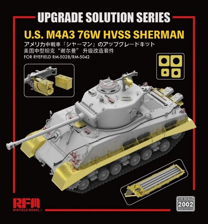Solution de mise à niveau Rye Field modèle 2002 pour le char Sherman M4A3 76W HVSS américain (RM-5028/RM-5042, échelle 1/35).