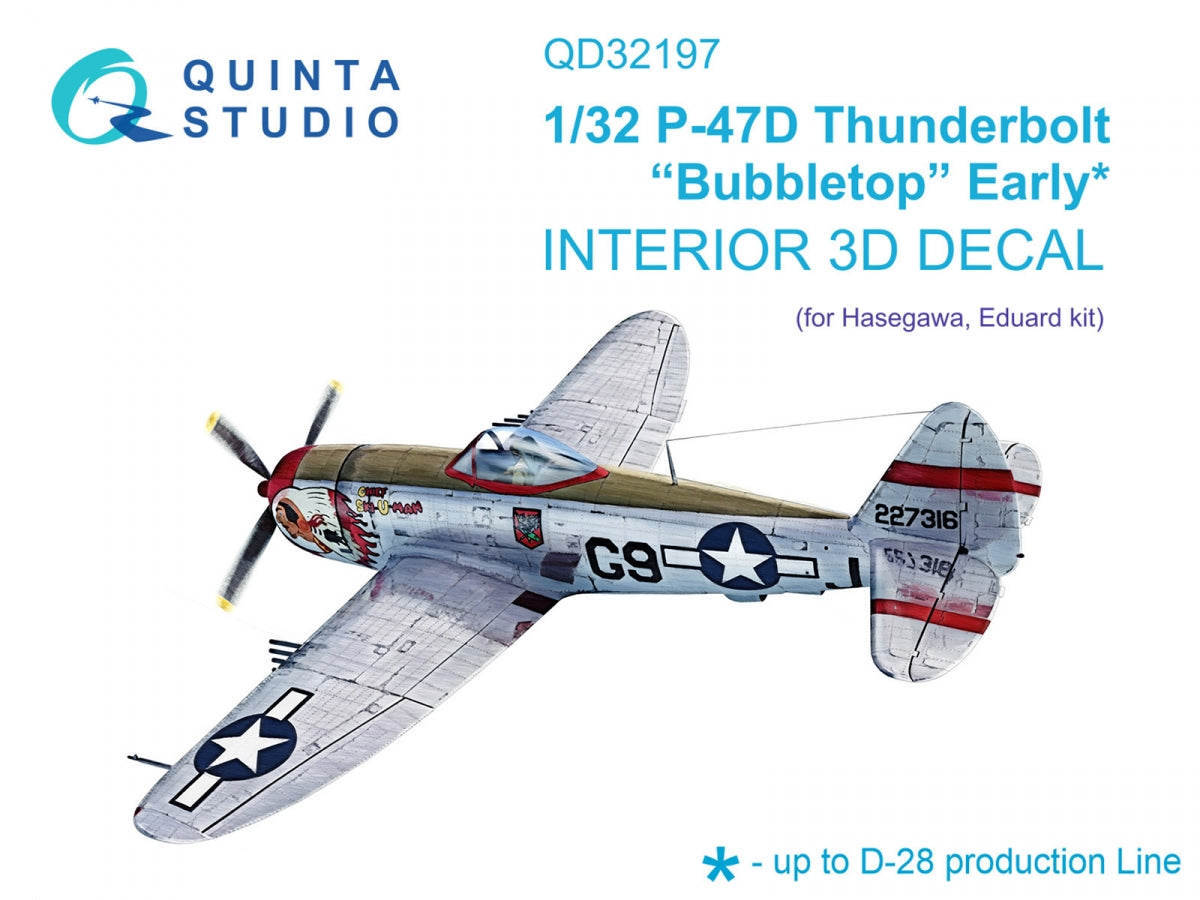 Quinta Studio QD32197 P-47D Thunderbolt Bubbletop Early, intérieur coloré imprimé en 3D sur papier décalcomanie (Hasegawa) 1/32