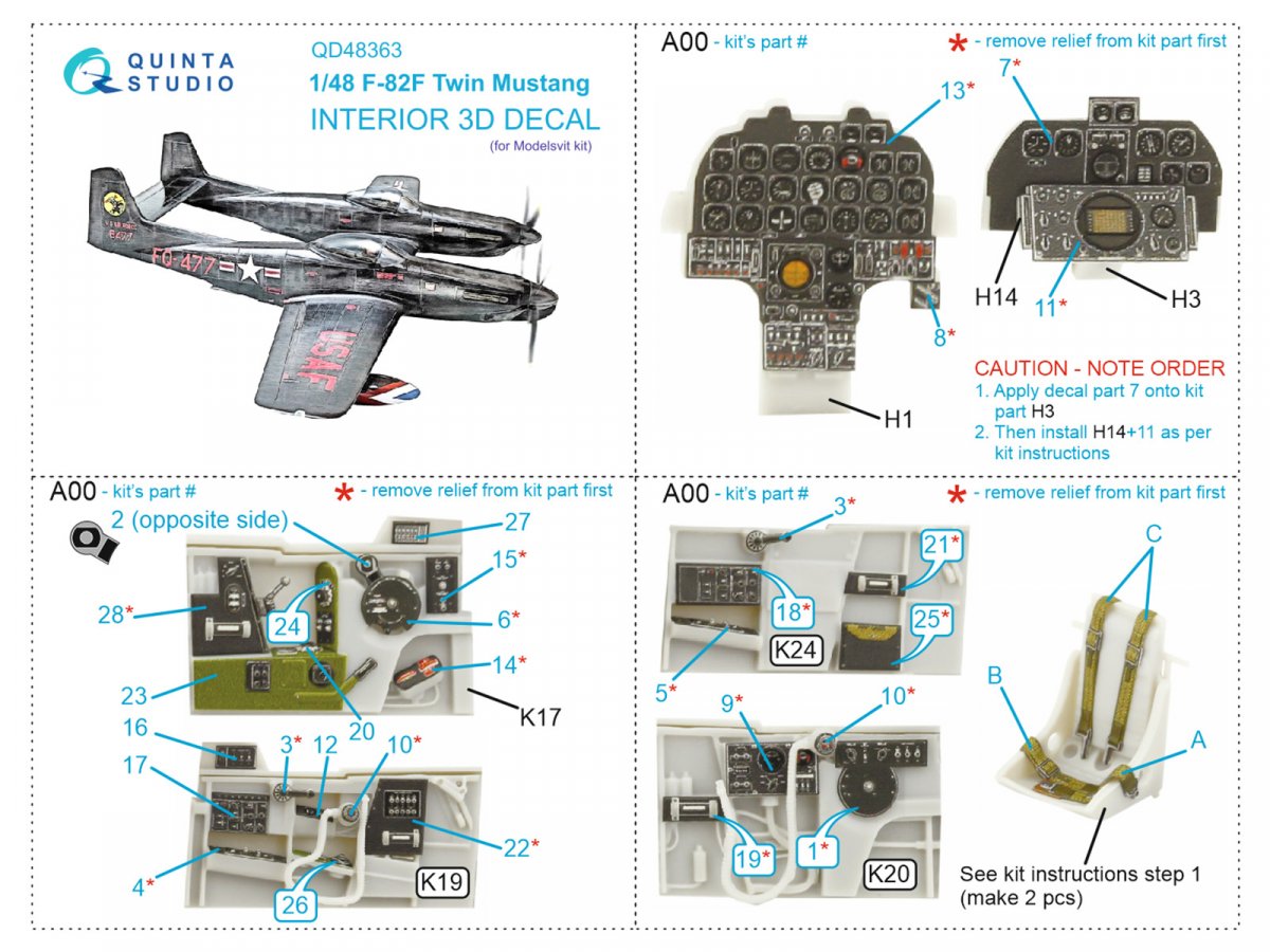 Intérieur imprimé en 3D et coloré sur papier décalcomanie Quinta Studio QD48363 F-82F Twin Mustang (Modelsvit) 1/48 – immagine 12
