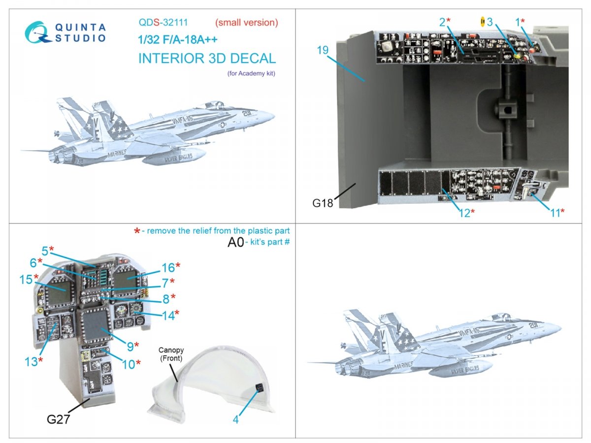 Intérieur imprimé en 3D et coloré sur papier décalcomanie Quinta Studio QDS-32111 F/A-18A++ (Academy) (Petite version) 1/32 – image 5