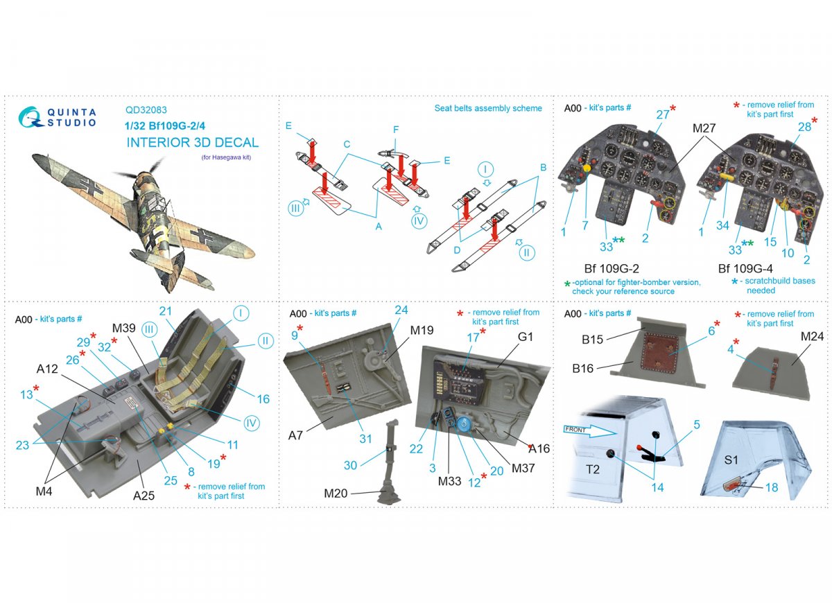Intérieur imprimé en 3D et coloré sur papier décalcomanie Quinta Studio QD32083 Bf 109G-2/G-4 (Hasegawa) 1/32 – immagine 7