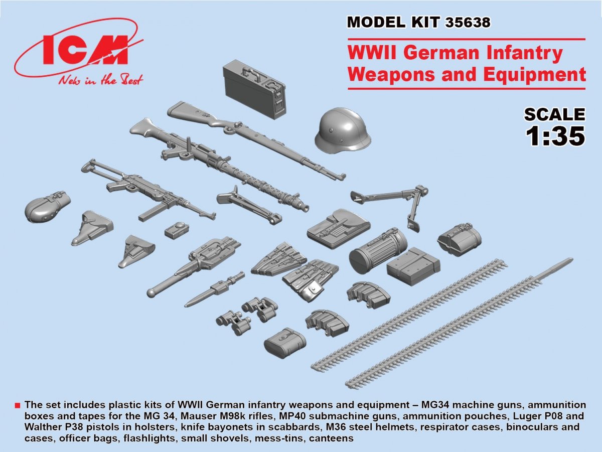 ICM 35638 Armes et équipements d&amp;#39;infanterie allemande de la Seconde Guerre mondiale, échelle 1/35