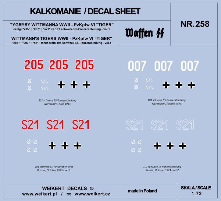 Weikert Decals DEC258 WITTMANN'S TIGERS - Pzkpfw VI TIGER tank - 101 schwere SS-Panzerabteilung - vol.1 1/72