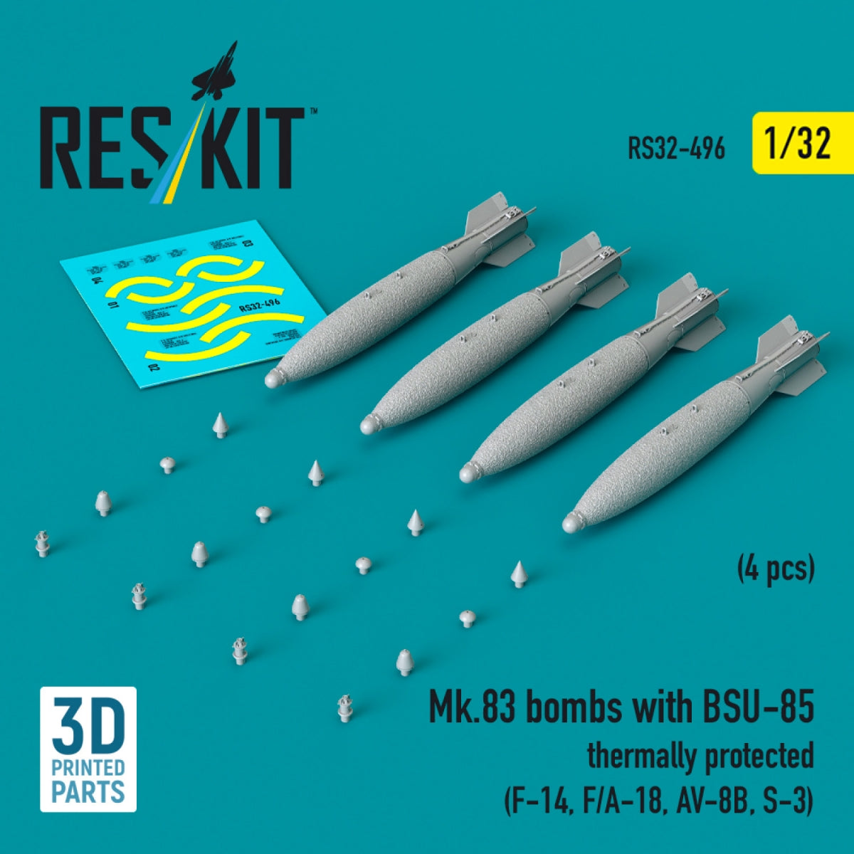 RESKIT RS32-0496 Bombes Mk.83 avec protection thermique BSU-85 (4 pièces) (impression 3D) 1/32