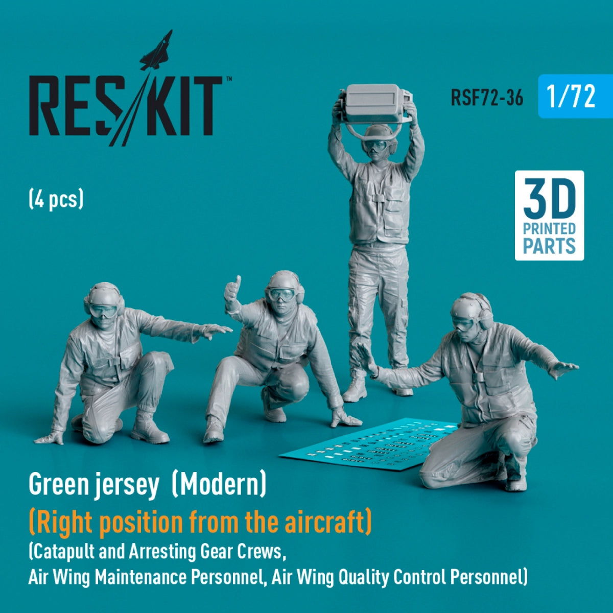 RESKIT RSF72-0036 Maillot vert (moderne) (position droite par rapport à l&amp;#39;avion) ​​Équipes de catapultage et de brin d&amp;#39;arrêt, personnel de maintenance de l&amp;#39;escadre aérienne, personnel de contrôle qualité de l&amp;#39;escadre aérienne (4 pièces) (Impression 3D) 1/72