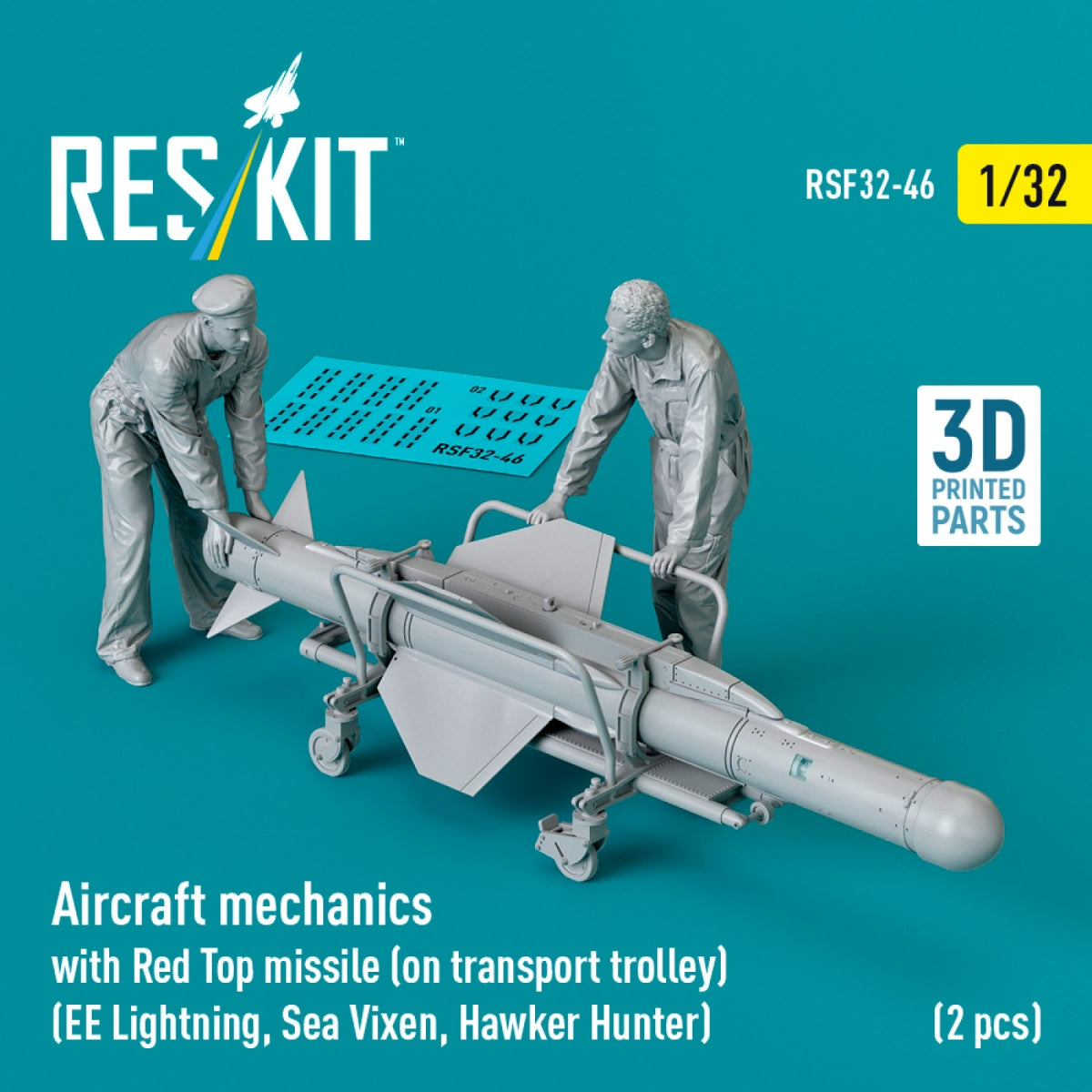 RESKIT RSF32-0046 Aircraft mechanics with Red Top missile (on transport trolley) (EE Lightning, Sea Vixen, Hawker Hunter) (2 pcs) (3D Printed) 1/32