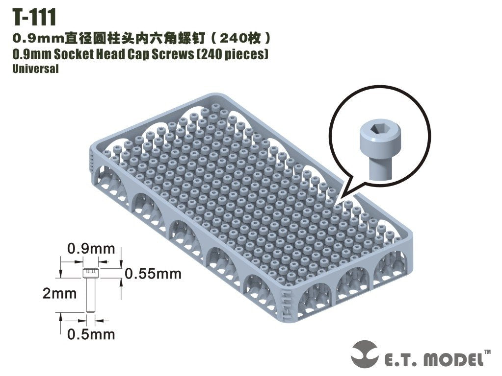 Vis à tête cylindrique creuse ET modèle T-111, 0,9 mm, 240 pièces