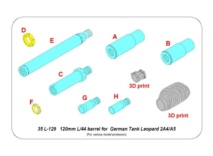 Canon Aber 35L-129 de 120 mm L/44 pour char allemand Leopard 2A4/A5 à l'échelle 1/35