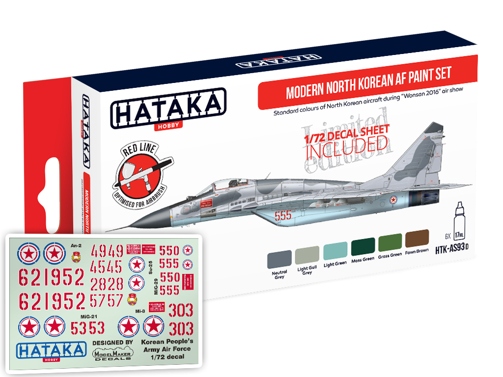 Hataka HTK-AS93d Édition limitée - Kit de peinture pour avion de chasse nord-coréen moderne avec planche de décalcomanies (1/72) (6x17ml)