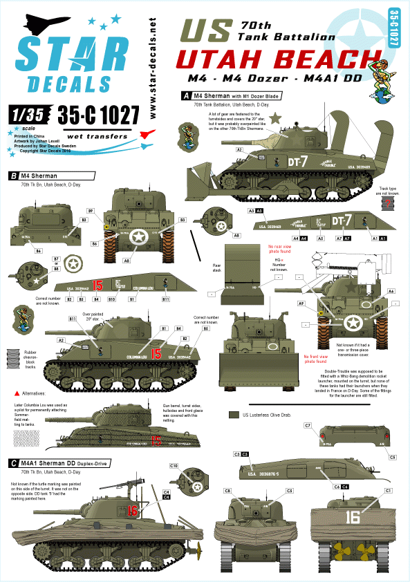Star Decals 35-C1027 70e bataillon de chars américain sur la plage d'Utah 1/35