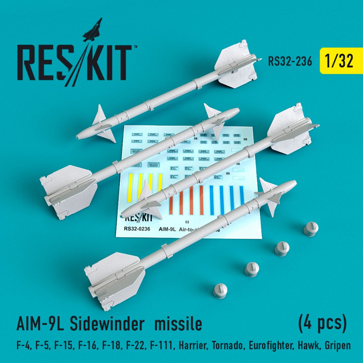RESKIT RS32-0236 MISSILES AIM-9L SIDEWINDER (4 PIÈCES) 1/32