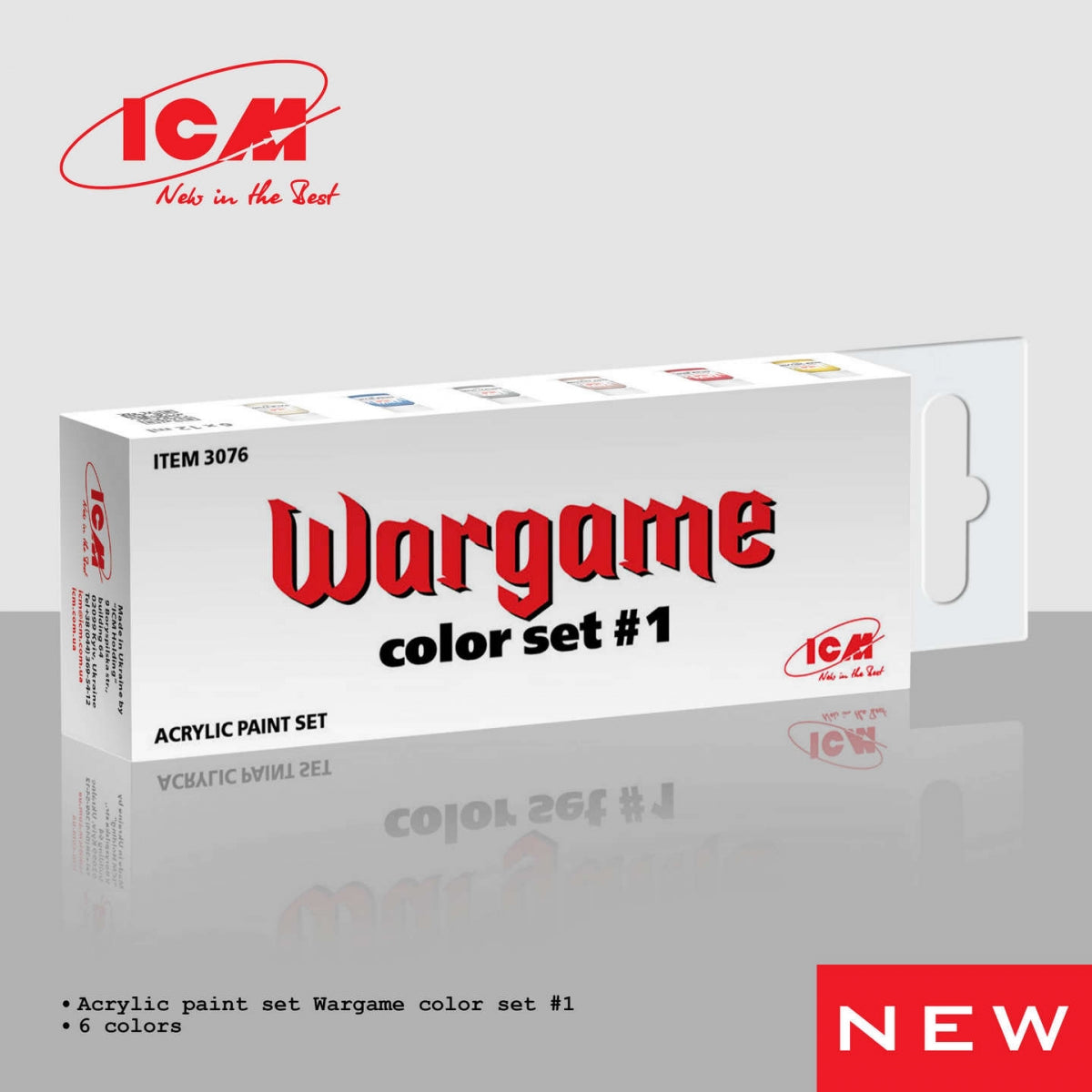 Coffret de peintures acryliques ICM 3076 pour Wargame n° 1, 6 pots de 12 ml.