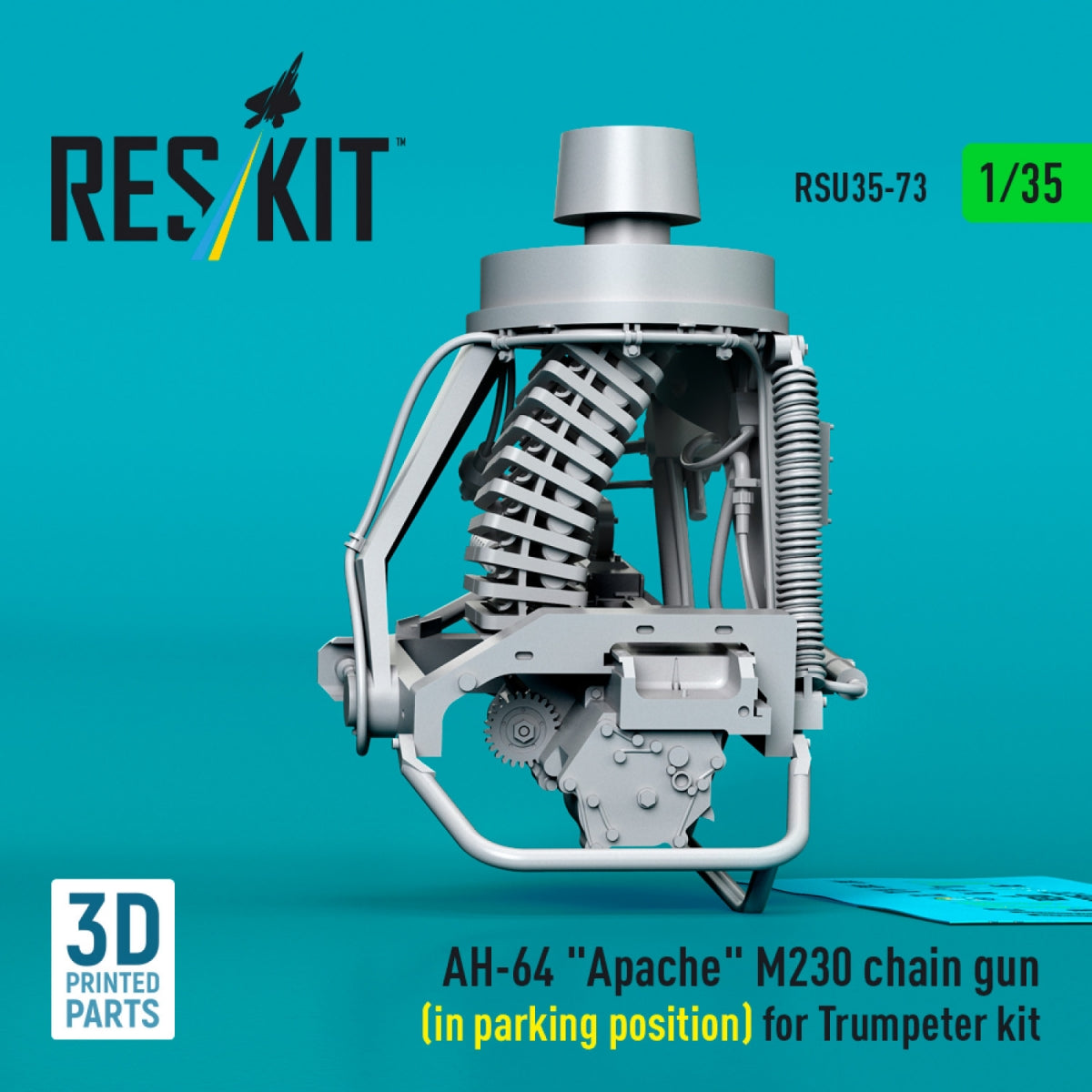 RESKIT RSU35-0073 AH-64 « Apache » M230 mitrailleuse (en position de stationnement) pour maquette Trumpeter (impression 3D) 1/35 – Bild 3